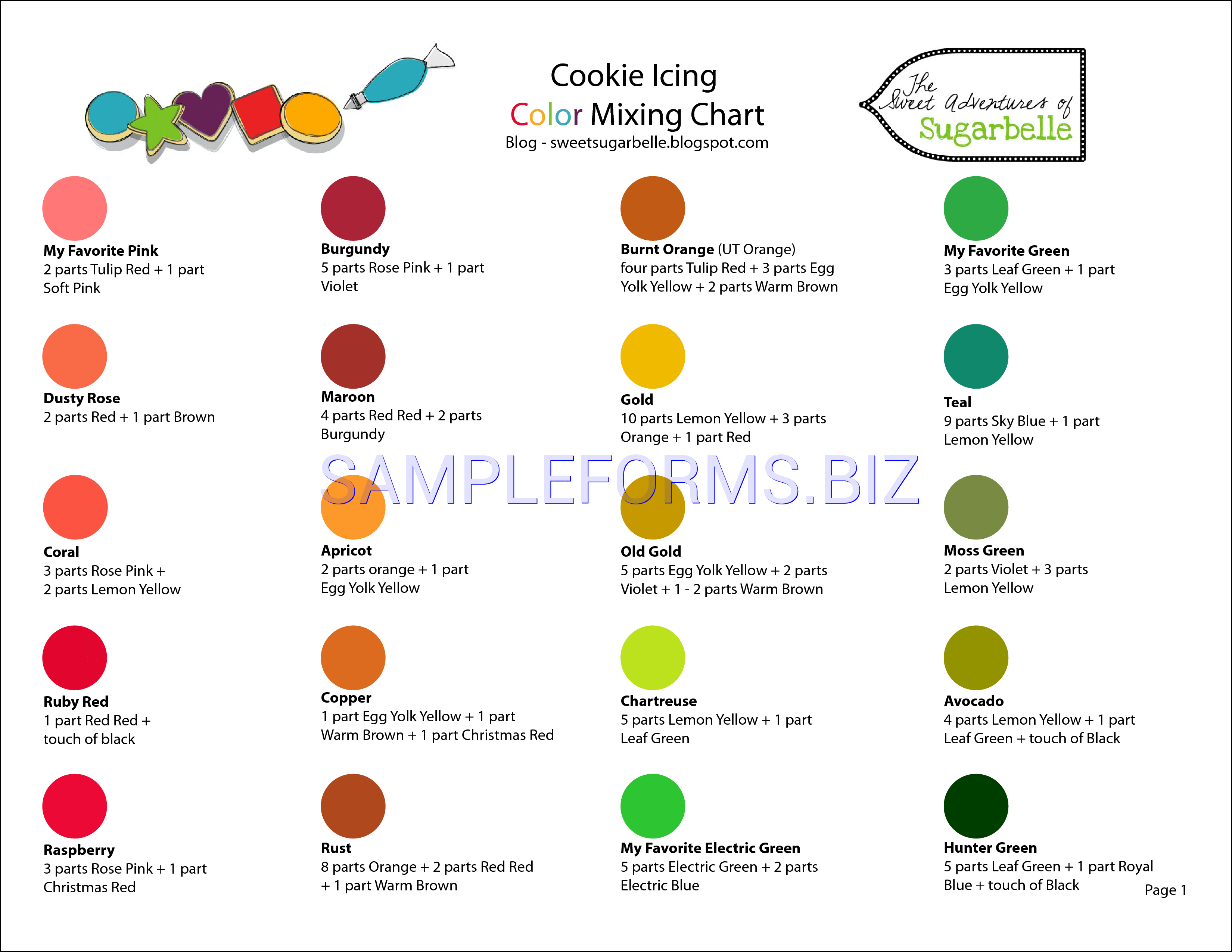 Preview free downloadable Cookie Icing Color Mixing Chart in PDF (page 1)